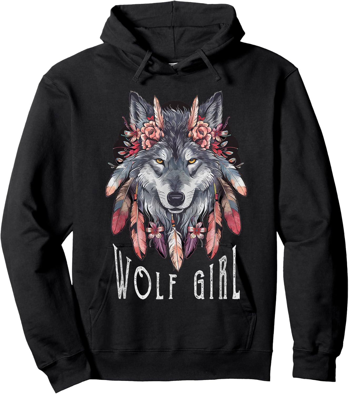 Wolf Girl Loves Wolves Women Children Feathers Floral Wolf , black Hoodie - Hoodie | Black