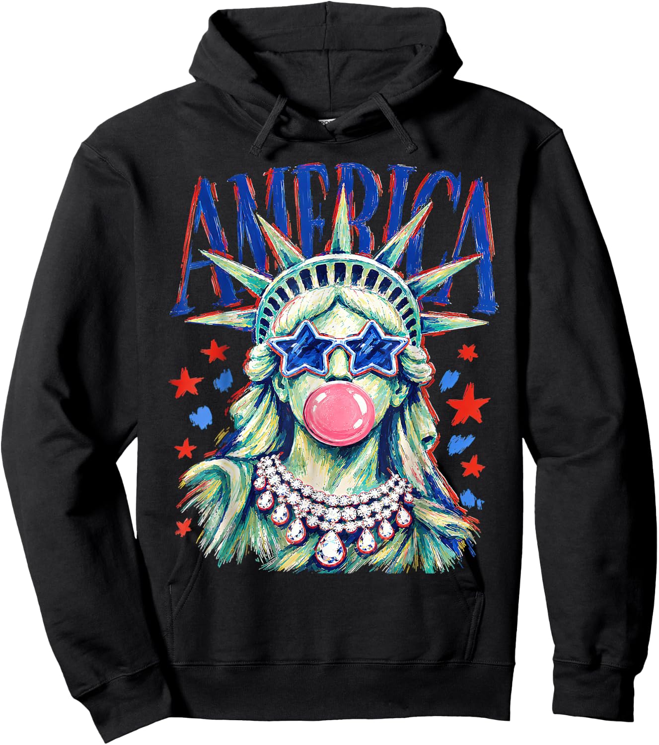 Statue of Liberty Blowing Bubble Preppy Brushstroke USA Hoodie - Hoodie | Black
