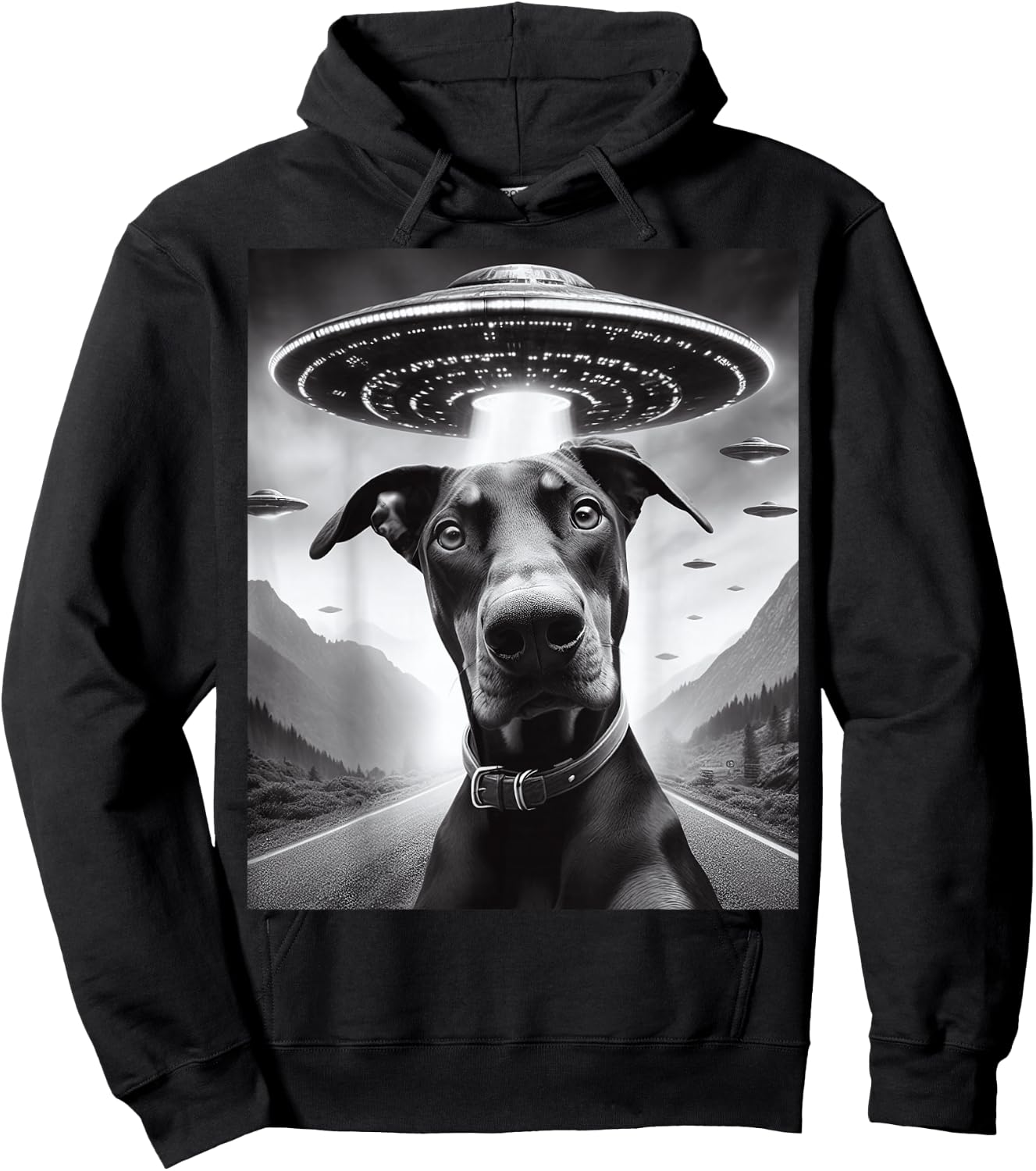Funny Doberman Pinscher Selfie with UFOs Hoodie - Hoodie | Black