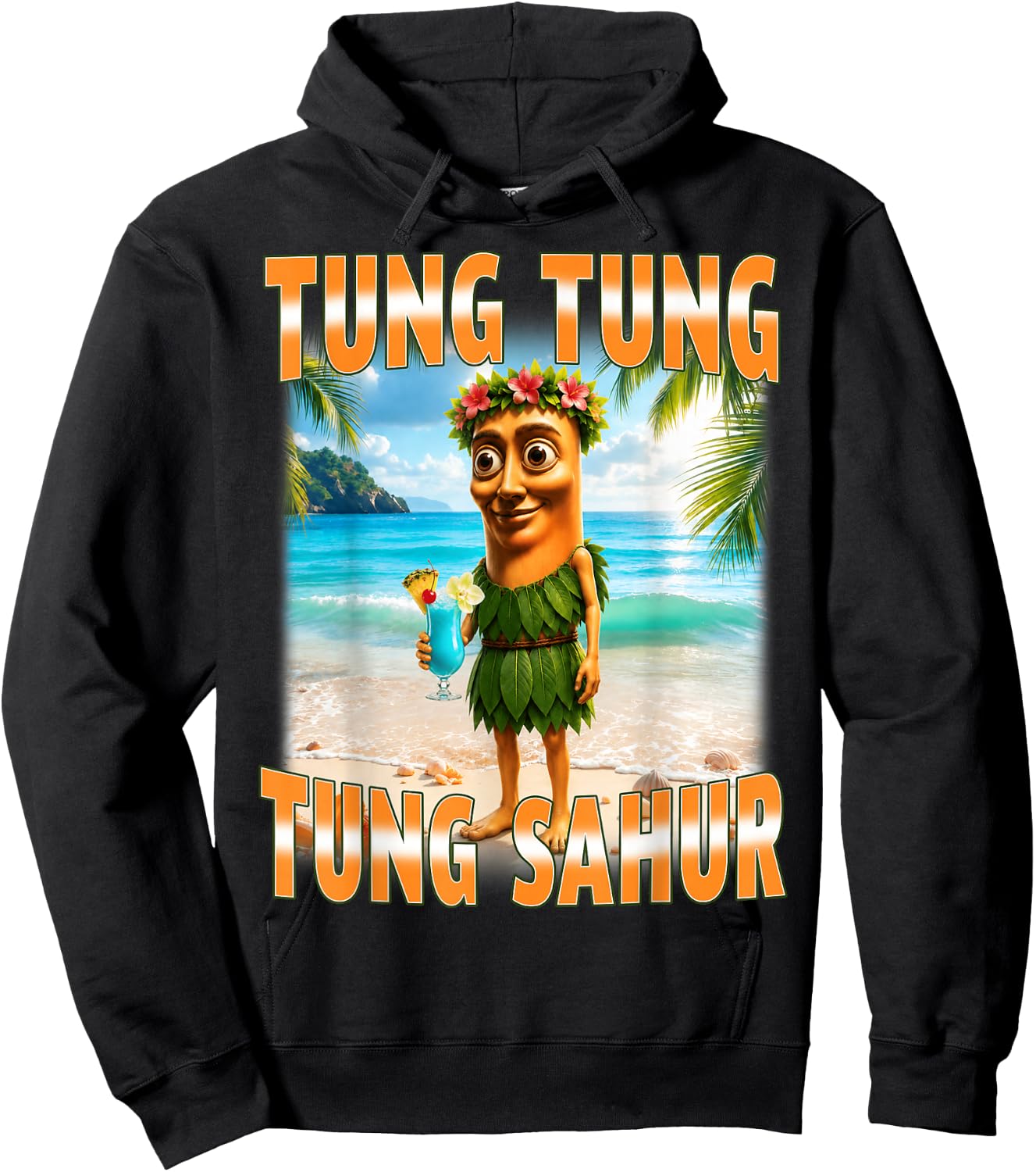 Tung Tung Tung Sahur Summer Hawaii Funny Meme Hoodie - Hoodie | Black