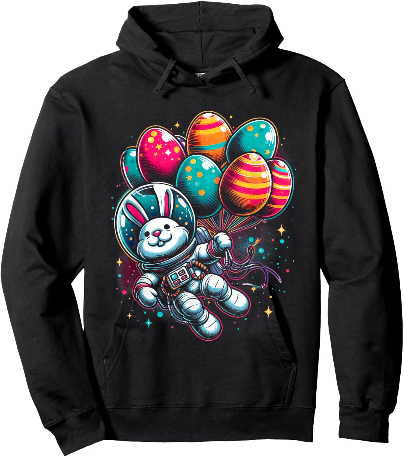 Easter Bunny Astronaut with Egg Balloons - Easter Space Hoodie - Hoodie | Black
