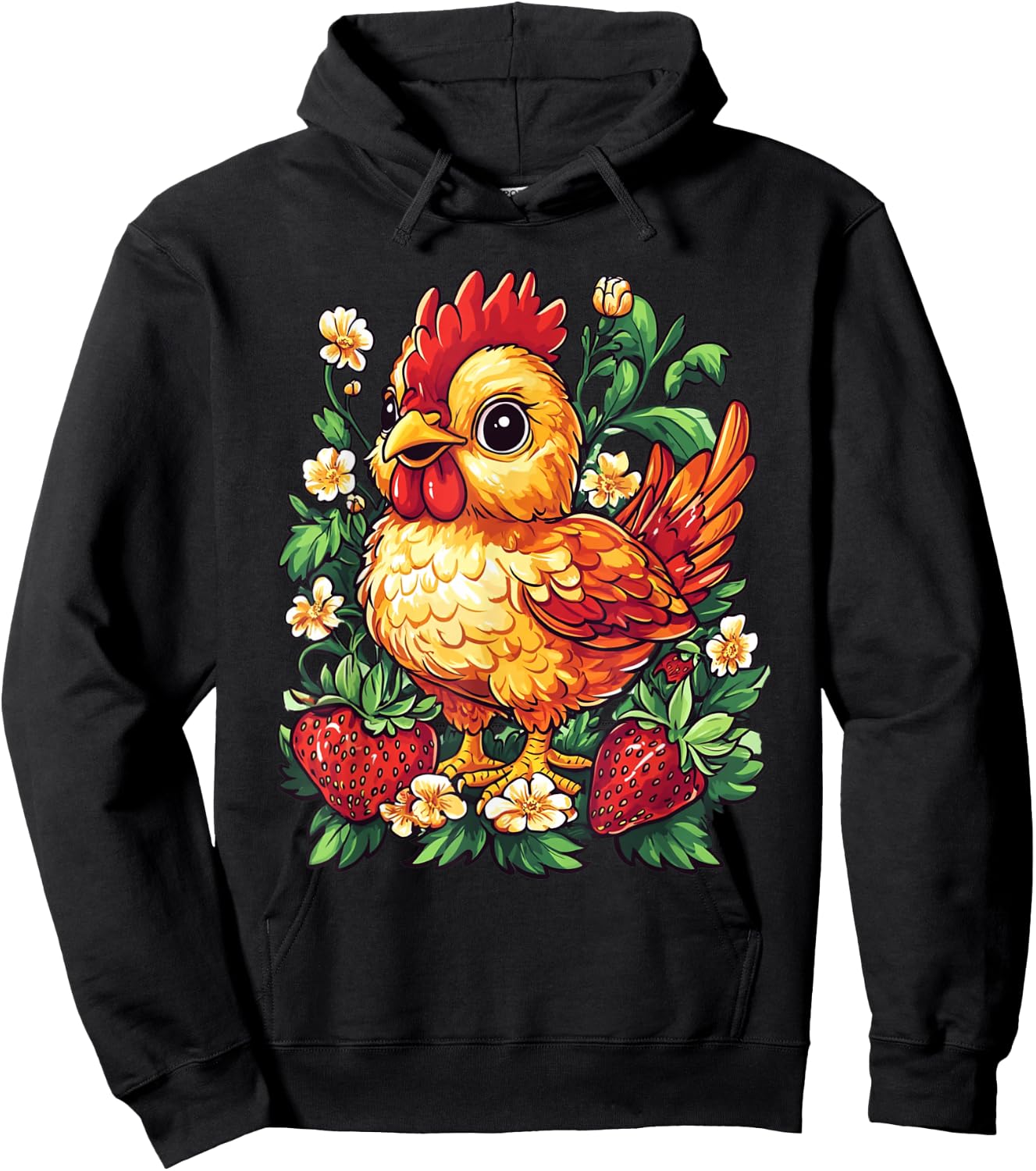 Chicken Strawberries and Flowers Graphic Cute Chicken Hoodie - Hoodie | Black