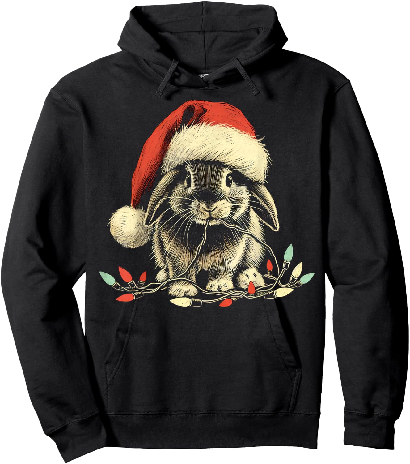 Holland Lop Rabbit Bunny Chew Christmas Light Xmas Holiday Hoodie - Hoodie | Black