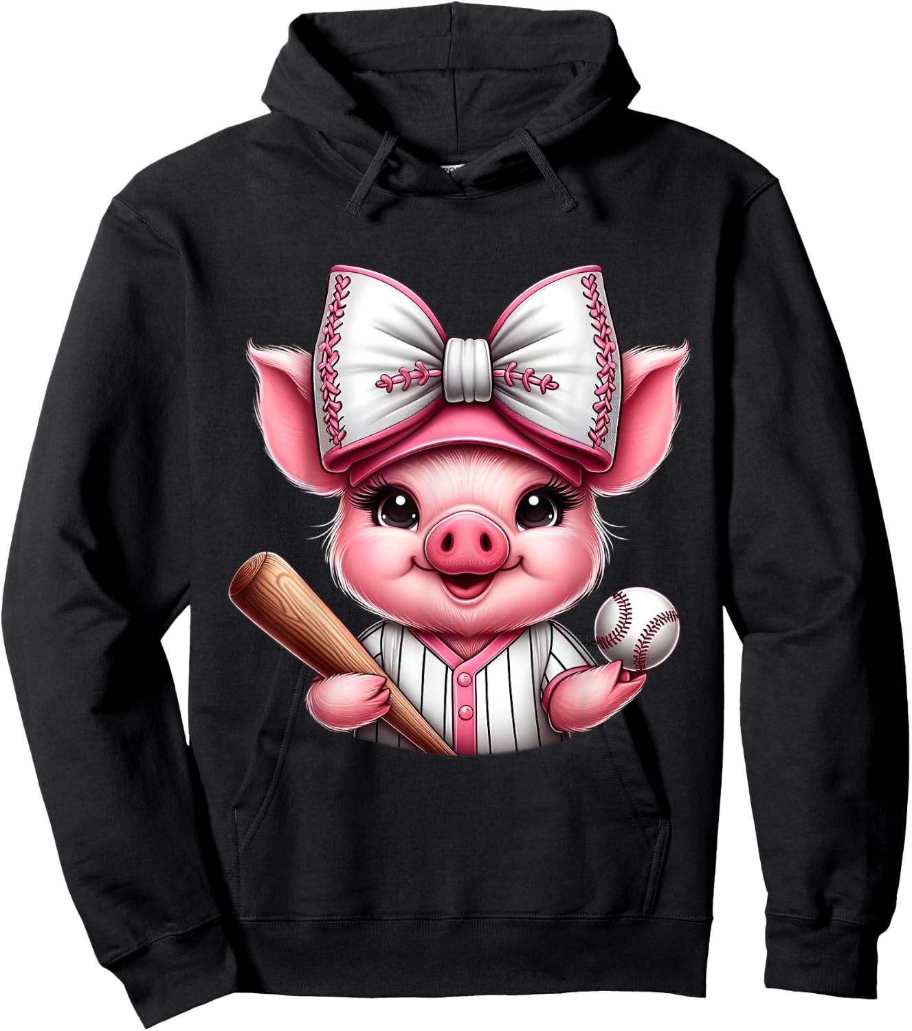 Cute Pig Baseball Coquette Bow Pig Baseball Player Hoodie - Hoodie | Black
