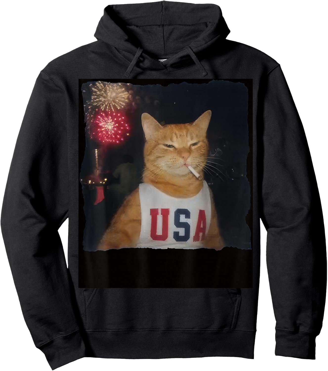 Funny Patriotic Orange Cat Fireworks 4th of July USA Flag Hoodie - Hoodie | Black