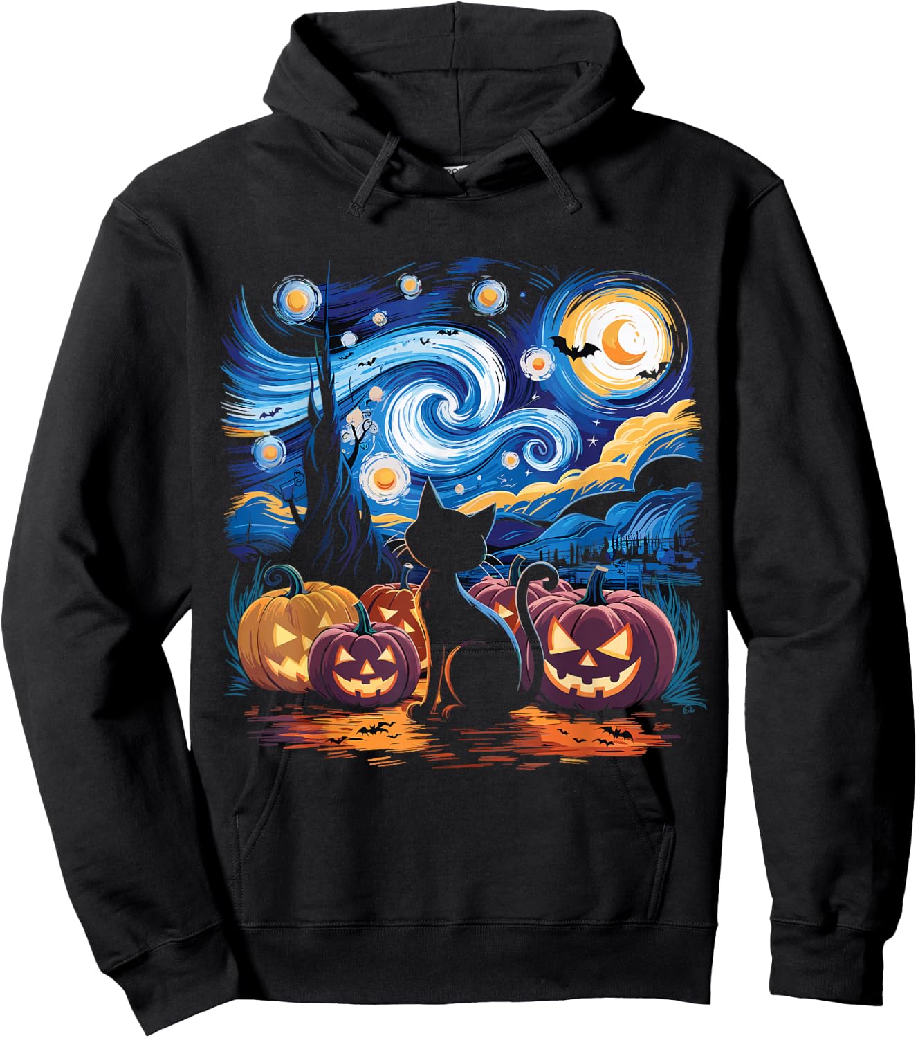 Halloween Van Gogh Starry Night Black Cat Pumpkin Shirt Men Women Kids Hoodie - Hoodie | Black