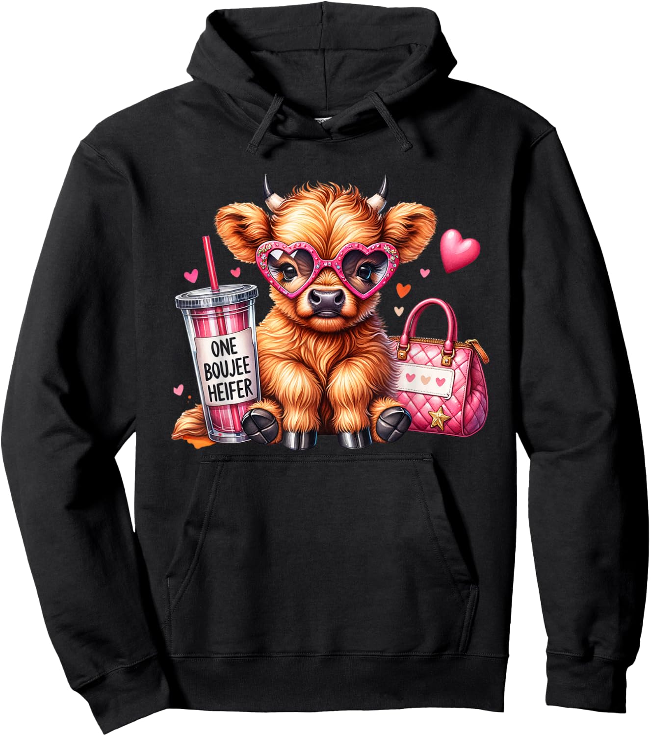 One Boujee Heifer Highland Cow Bougie Pink Tumbler Handbag Hoodie - Hoodie | Black