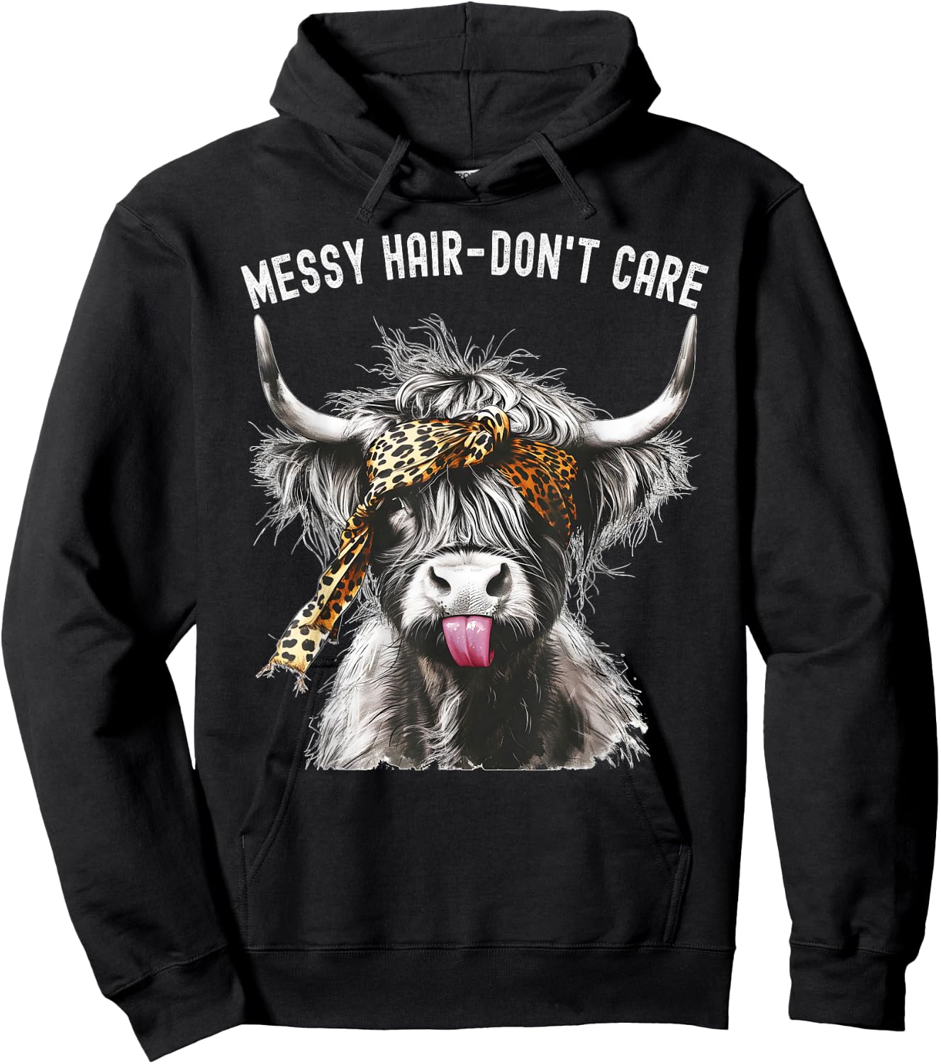 Highland Cow Leopard Print Messy Hair Don't Care Western Hoodie - Hoodie | Black