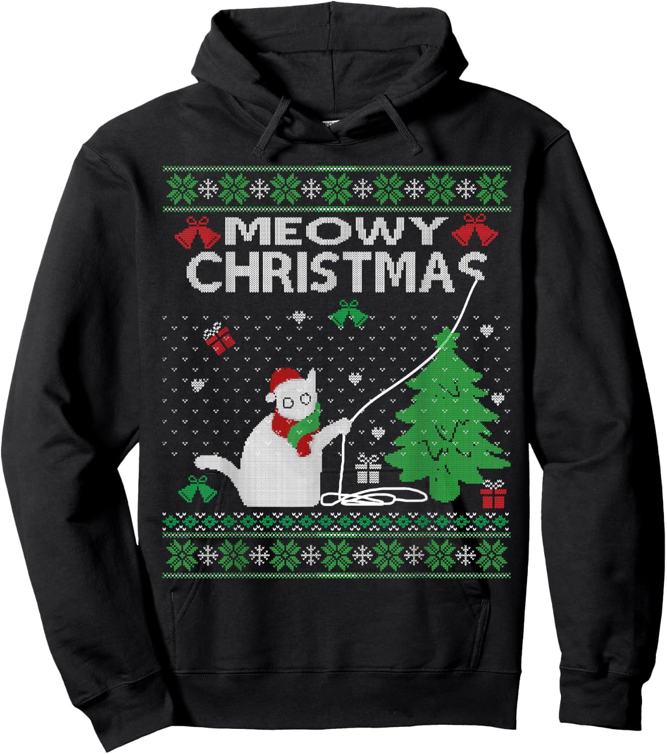 Funny Meowy Christmas Cats Xmas Cute Cat Lover Ugly Sweater Men Women Kids Hoodie - Hoodie | Black