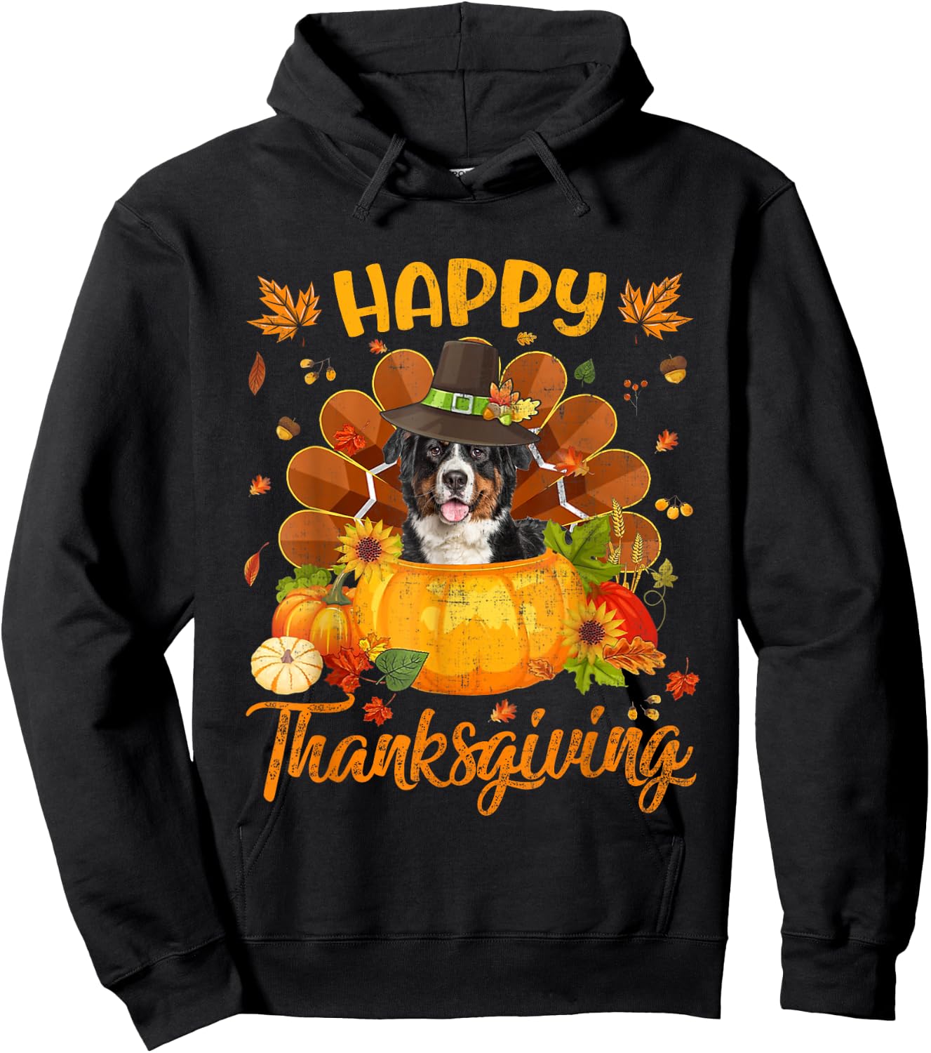Happy Thanksgiving Bernese Mountain Dog Turkey Pumpkin Hoodie - Hoodie | Black
