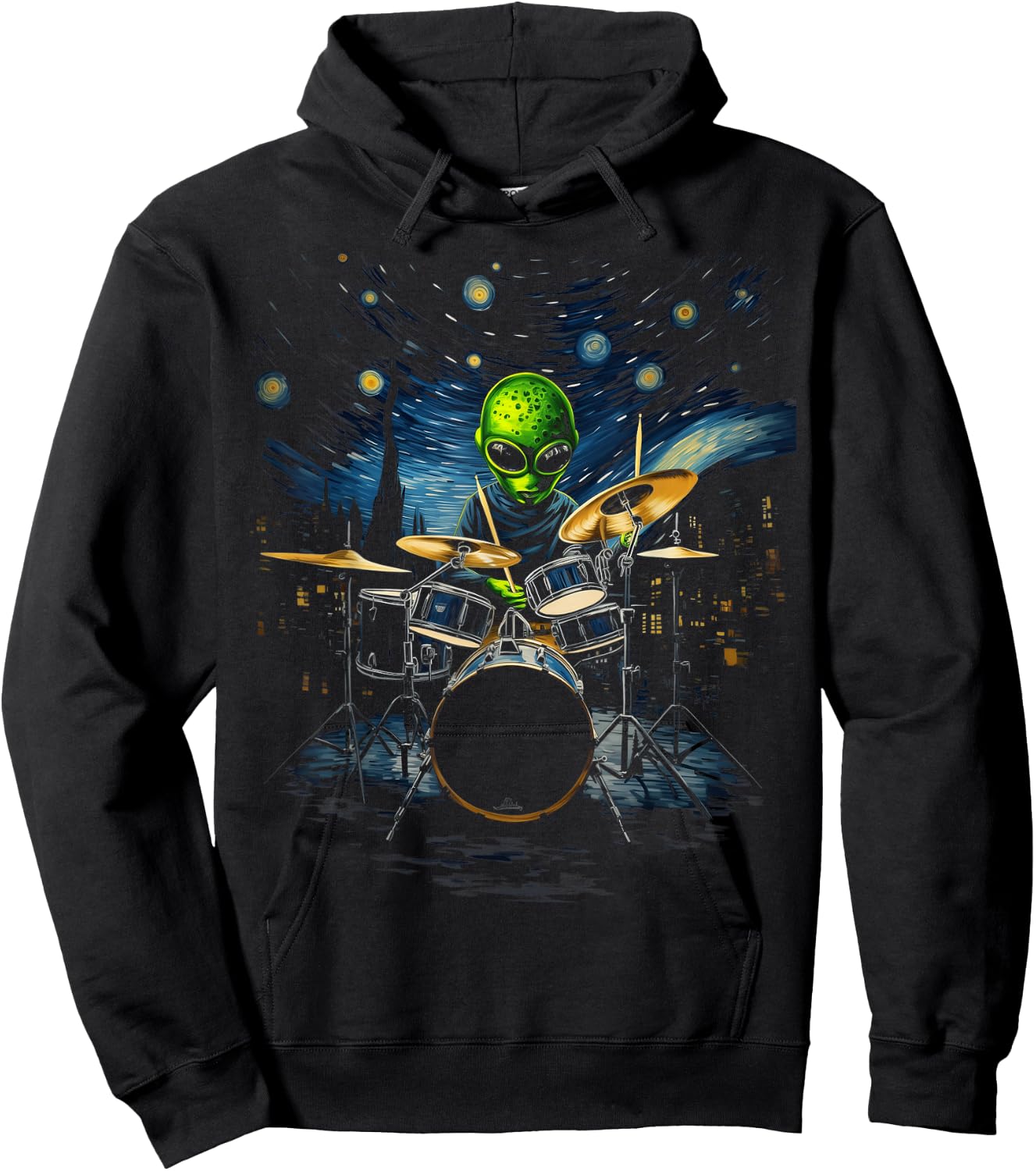 Van Gogh Alien Percussionist Drum Kit Playing Drum , Black, S Hoodie - Hoodie | Black