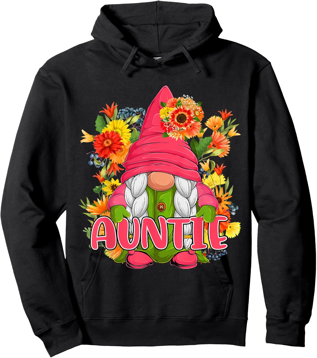 Auntie Cute Floral Flowers Gnome Costume Family Women Lover Hoodie - Hoodie | Black