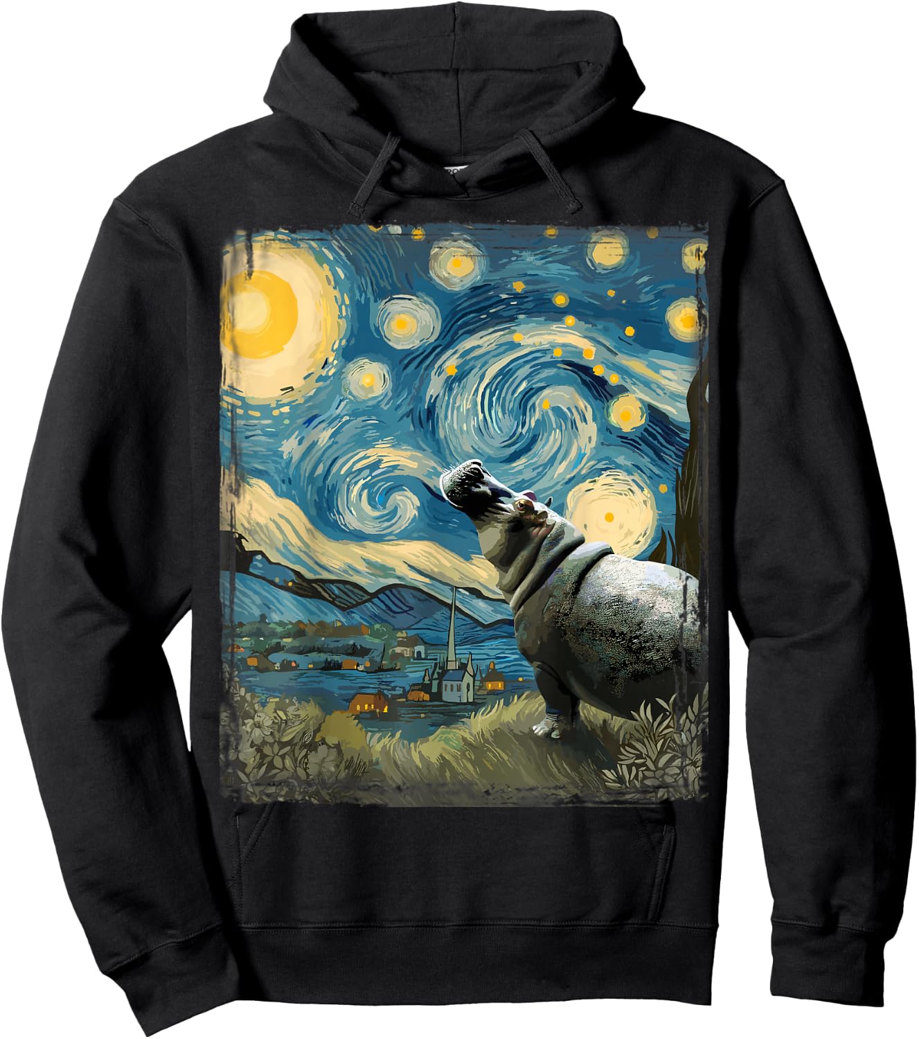 Hippo Starry Night Art Parody Funny Surreal Hippopotamus Hoodie - Hoodie | Black