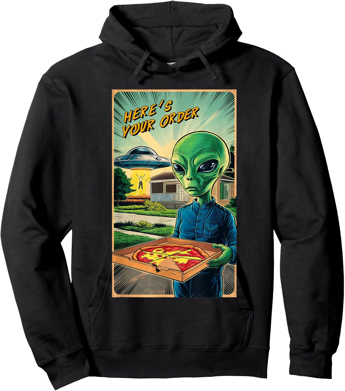 Funny Alien Delivery Pizza UFO Alien Eating Pizza Hoodie - Hoodie | Black