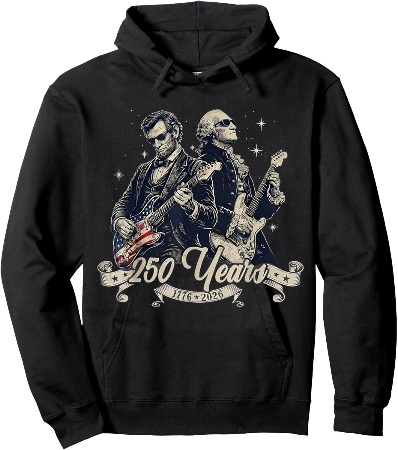 Patriotic 250th George Washington Abe Lincoln Playing Guitar Hoodie - Hoodie | Black