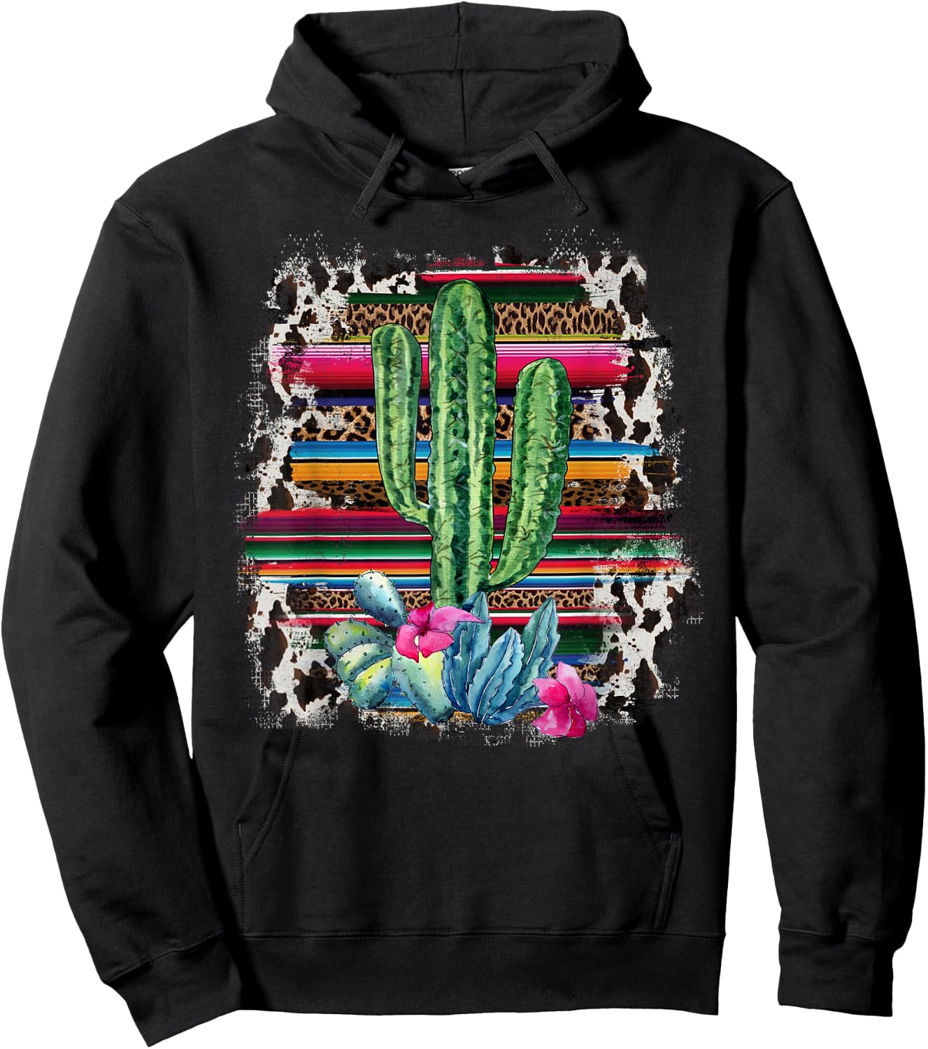 Funny Leopard Cactus Serape Cactus print Turquoise Western Hoodie - Hoodie | Black
