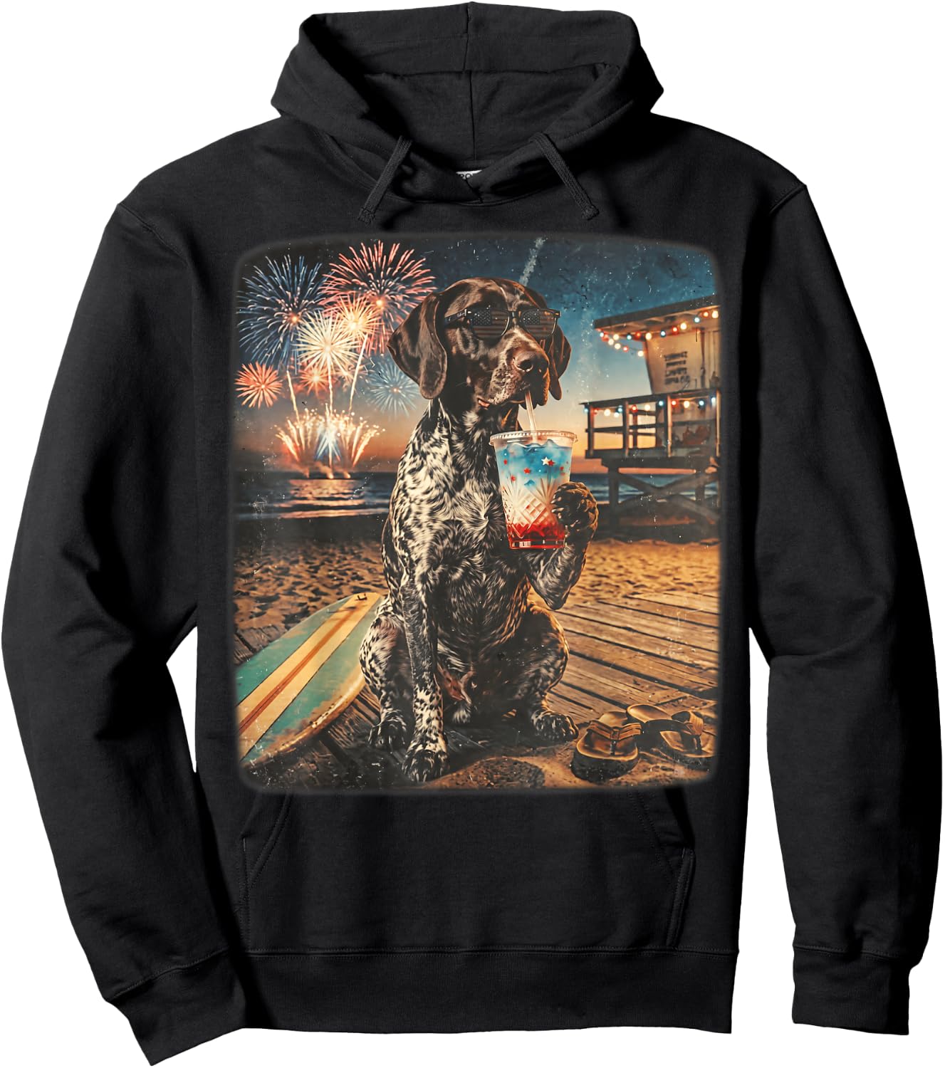 German Shorthaired Pointer Patriotic Beach Fireworks Dog Art Hoodie - Hoodie | Black