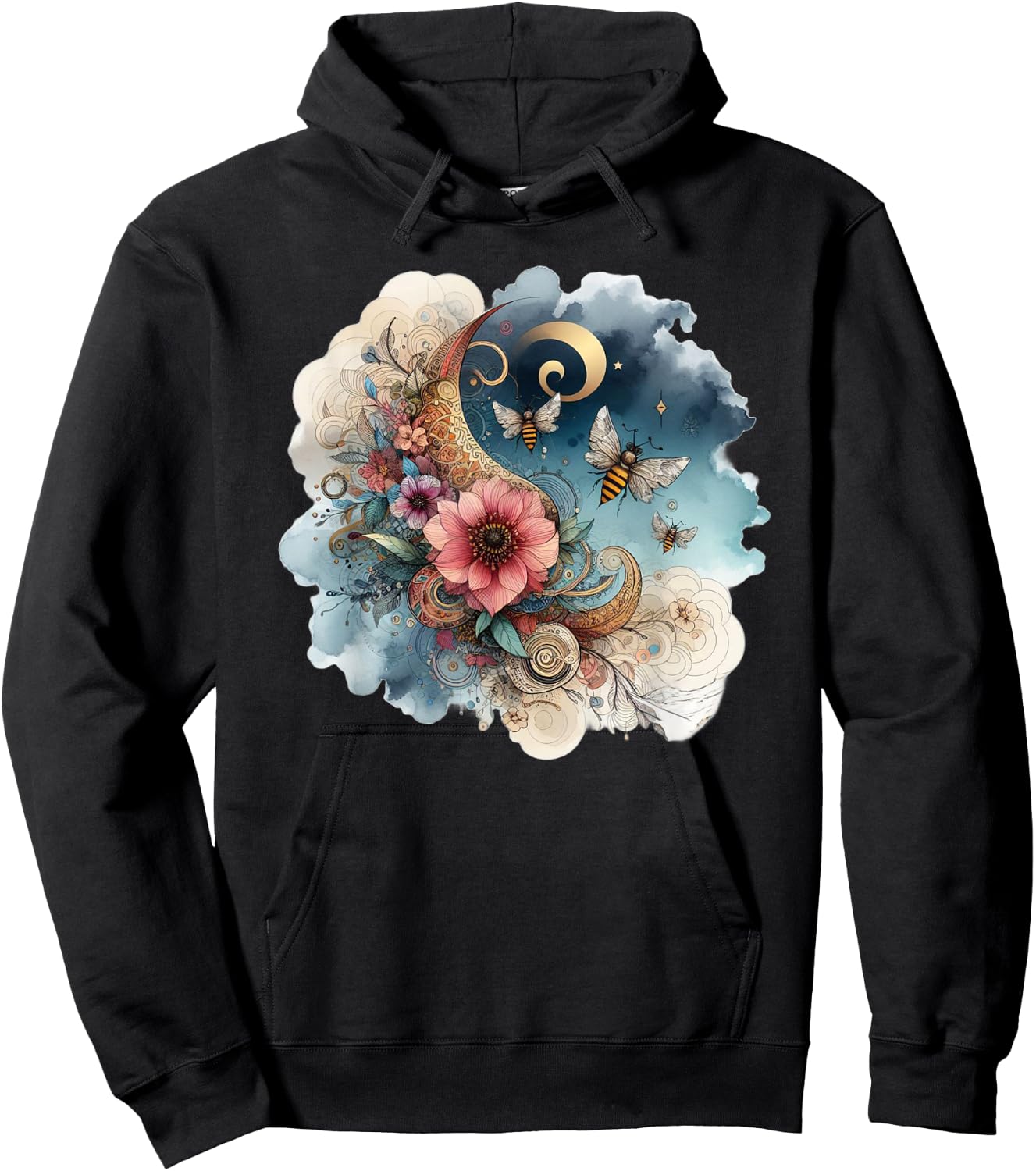 Floral Bee Watercolor Botanical Garden Moon Stars Graphic Hoodie - Hoodie | Black