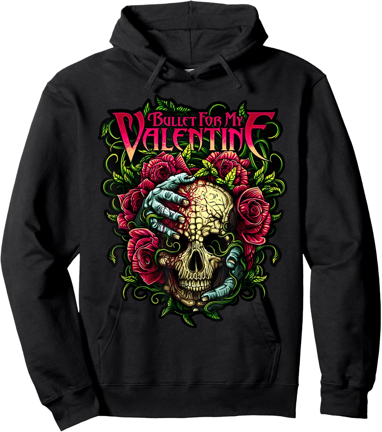 Funny Bullet My Valentine Horror with Skull, Roses and Red Blood Hoodie - Hoodie | Black
