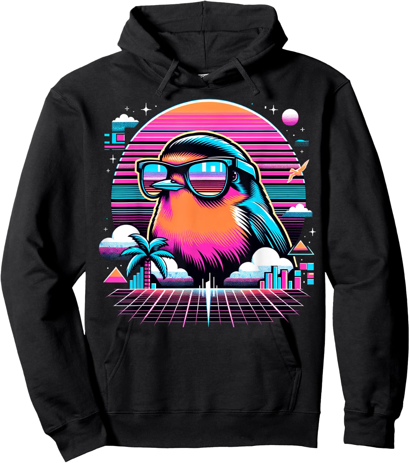 Cool Bird 80s Retrowave 90s Vaporwave American Robin Bird Hoodie - Hoodie | Black