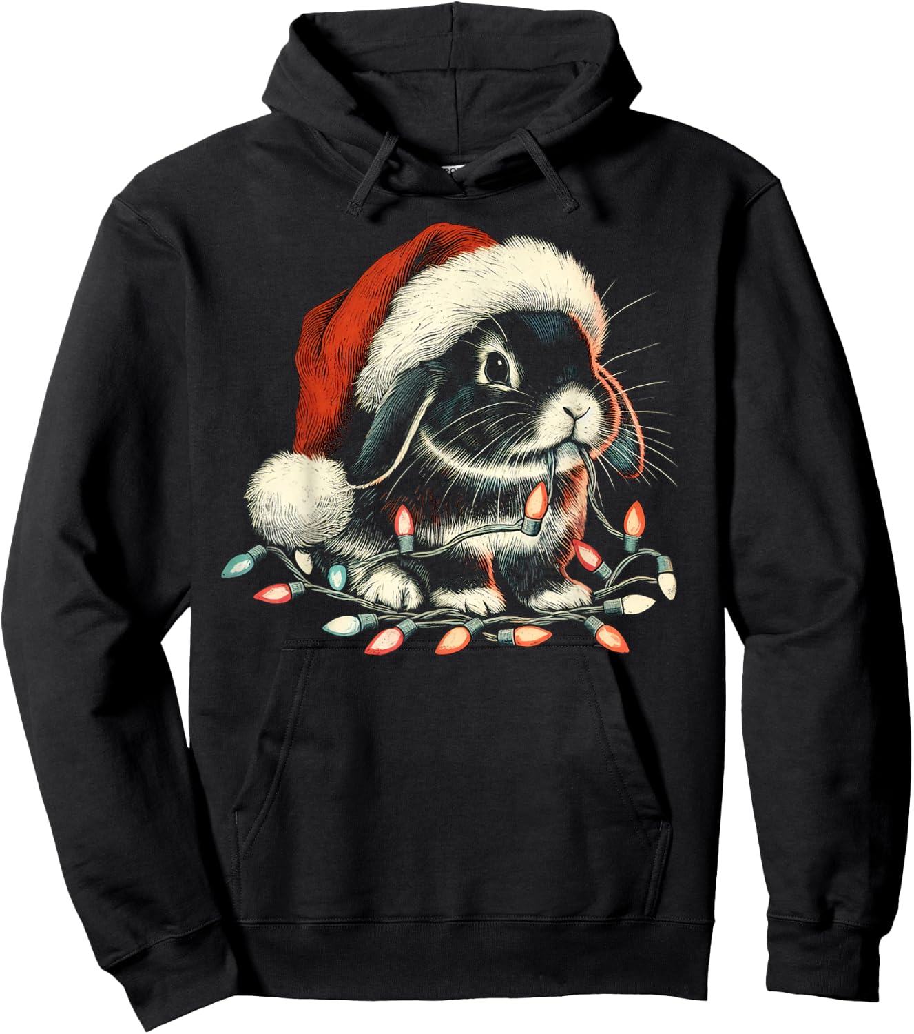 Holland Lop Rabbit Bunny Chew Christmas Light Xmas Holiday Hoodie - Hoodie | Black