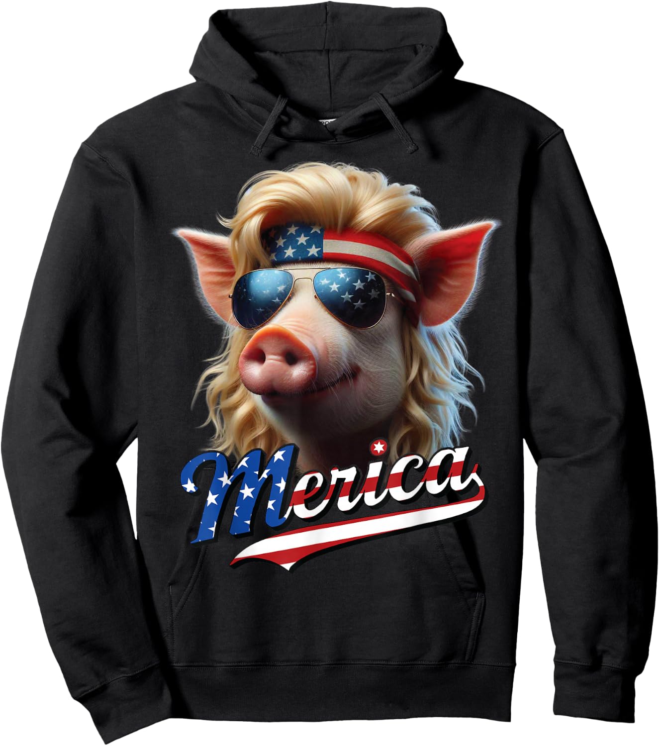Pig Merica Blonde Mullet Wig USA Flag Funny Hoodie - Hoodie | Black