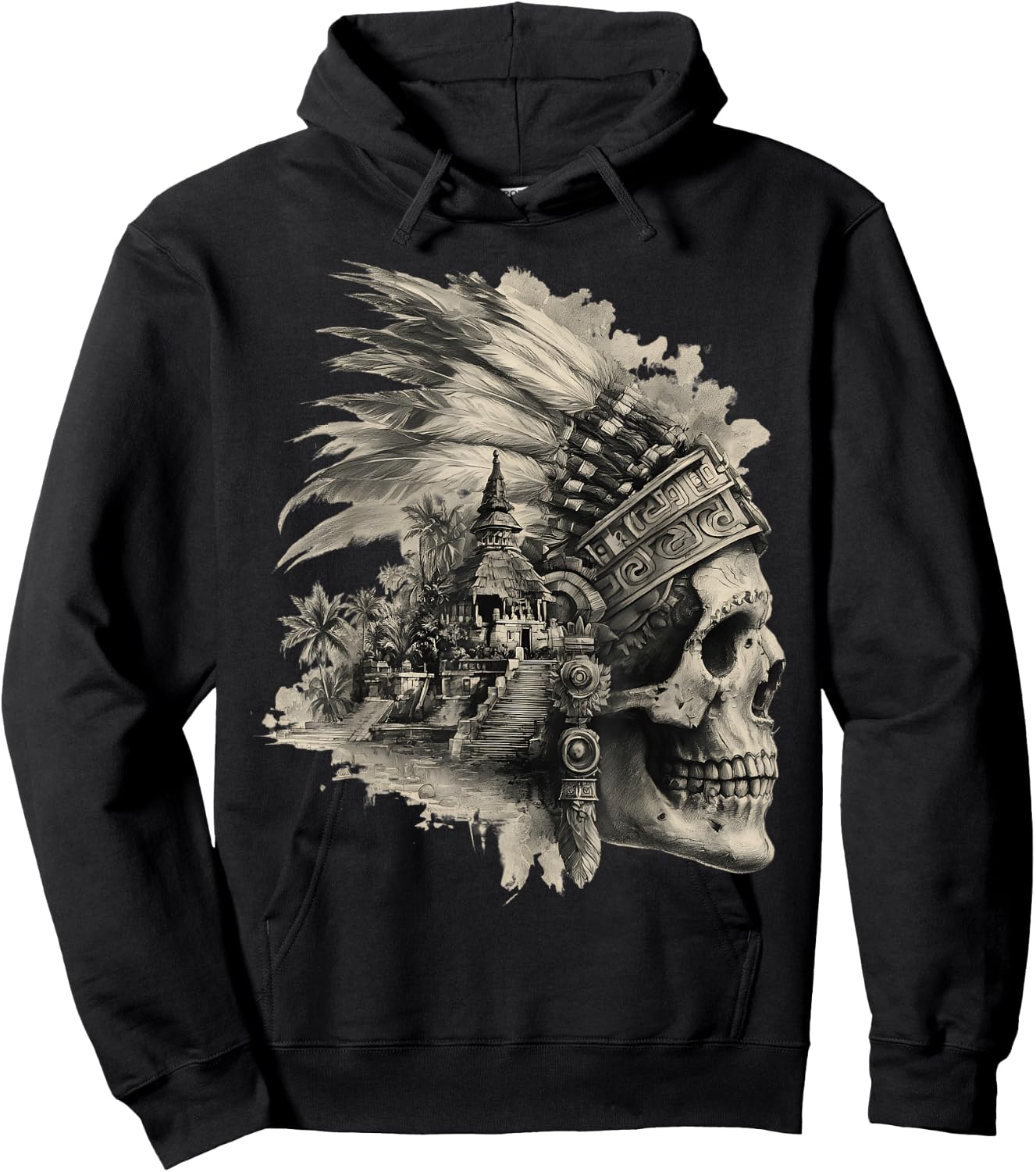 Feather Aztec Skull Maya Mexican Maya Indigenous Aztec Hoodie - Hoodie | Black