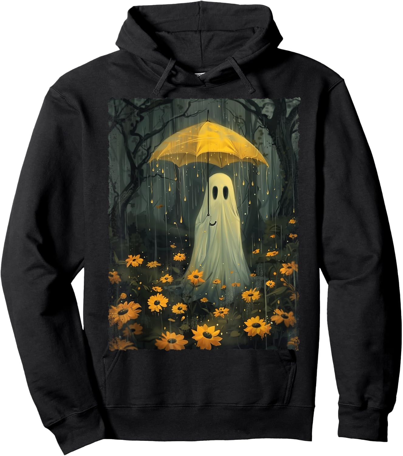 Ghost Holding Umbrella In The Rain Forest Gothic Whimsical Hoodie - Hoodie | Black