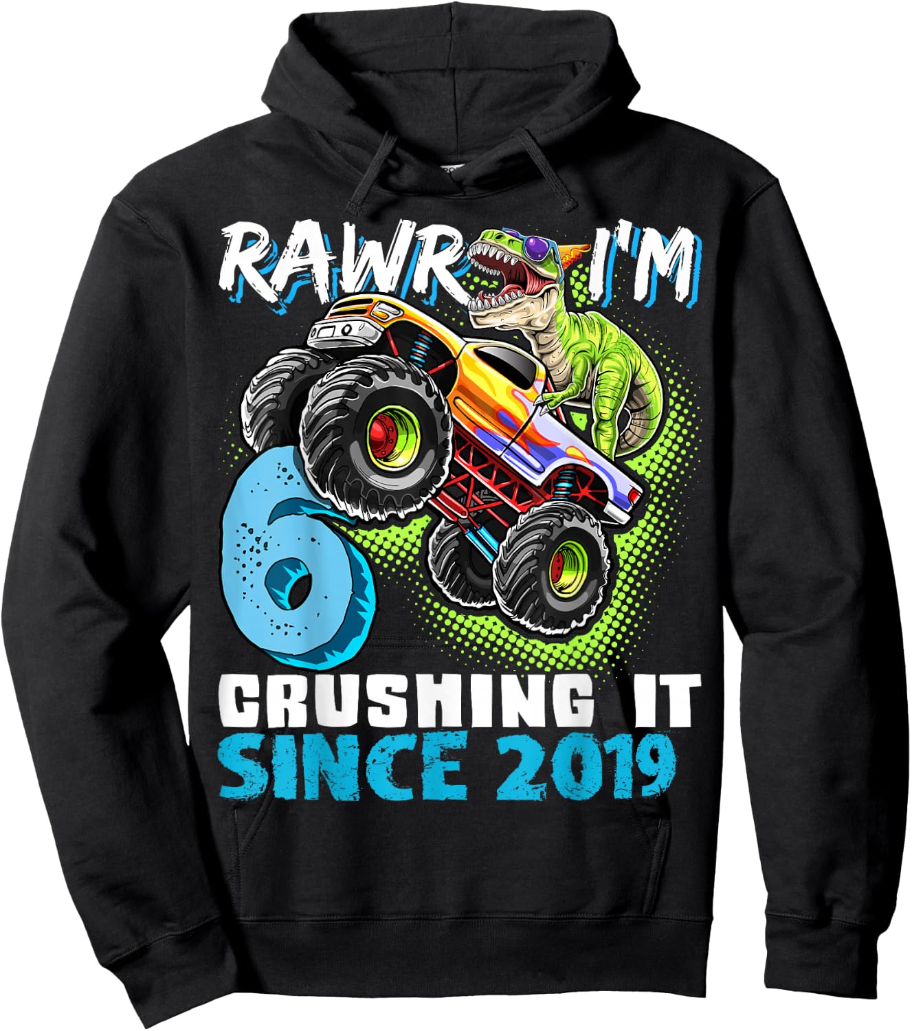 6th Birthday Monster Truck Dinosaur Party Boys Rawr I'm 6 Hoodie - Hoodie | Black