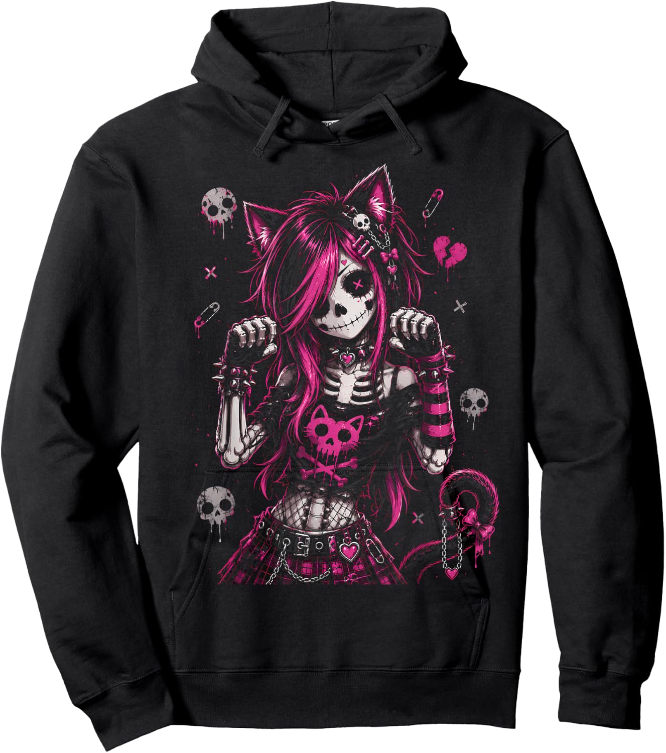 Emo Skeleton Cat Girl Pink Goth Aesthetic Rock Design Hoodie - Hoodie | Black