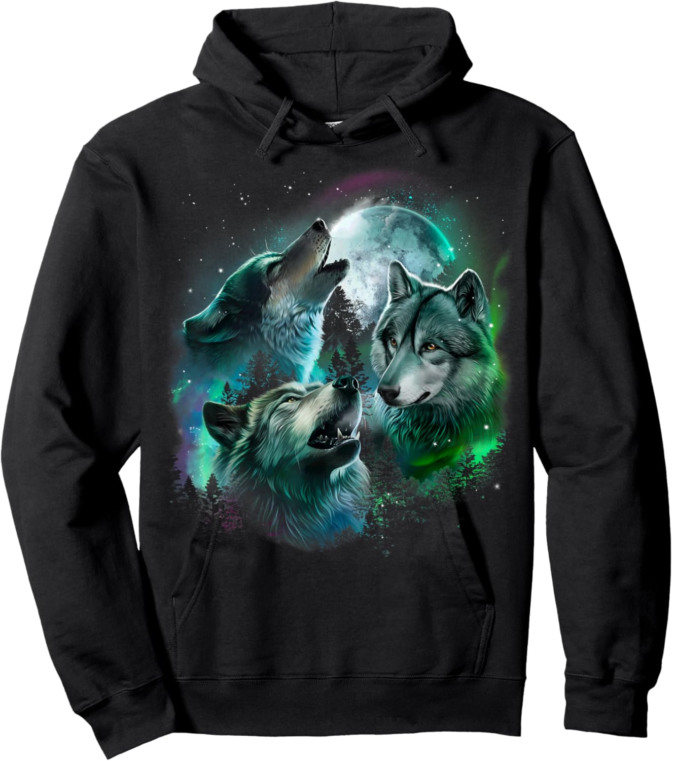 Grey Wolf Hunting in the Forest under Full Moon and Aurora Hoodie - Hoodie | Black