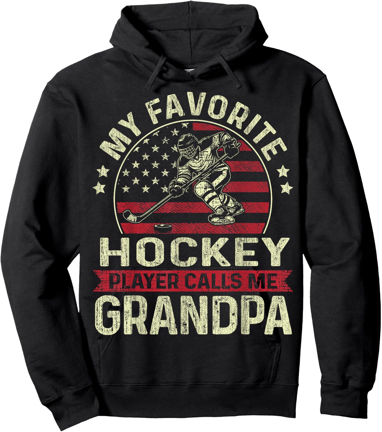 My Favorite Hockey Player Calls Me Grandpa Flag Father's Day Hoodie - Hoodie | Black
