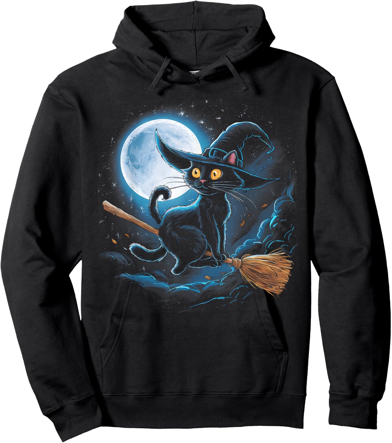 Witchy Black Cat on a Broomstick with Full Moon Halloween Women Kids Hoodie - Hoodie | Black