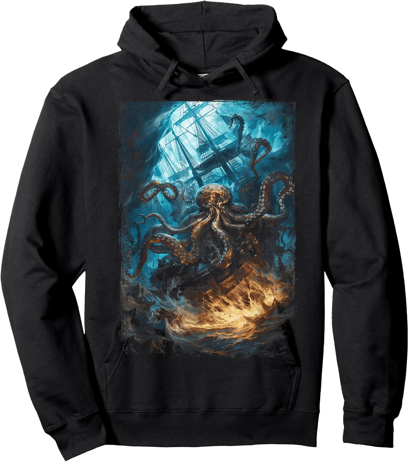 Giant Octopus Pirate Ship Vintage Kraken Sailing Squid Hoodie - Hoodie | Black