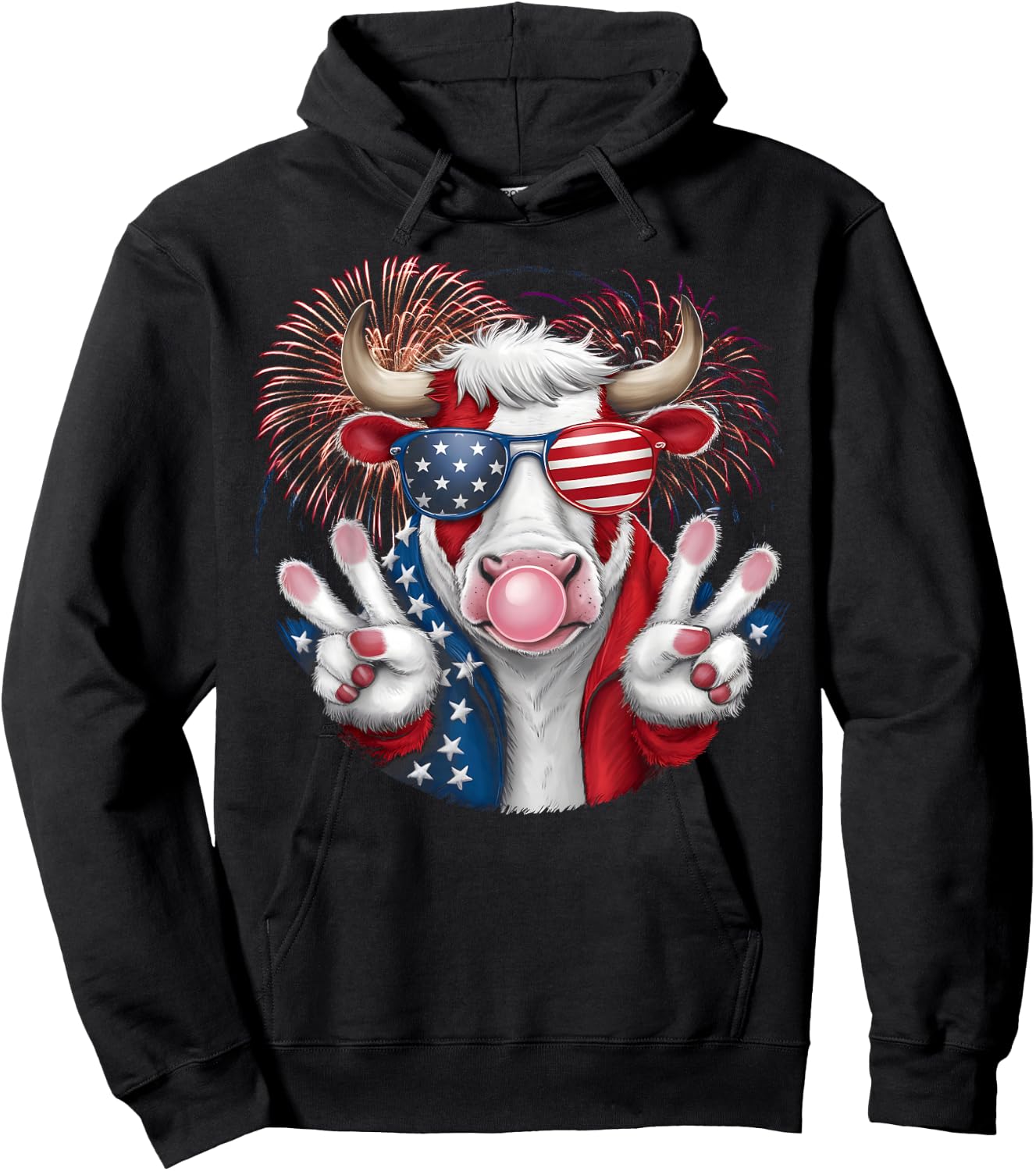 Fourth of July Firework Bull cow Patriotic American Flag Hoodie - Hoodie | Black