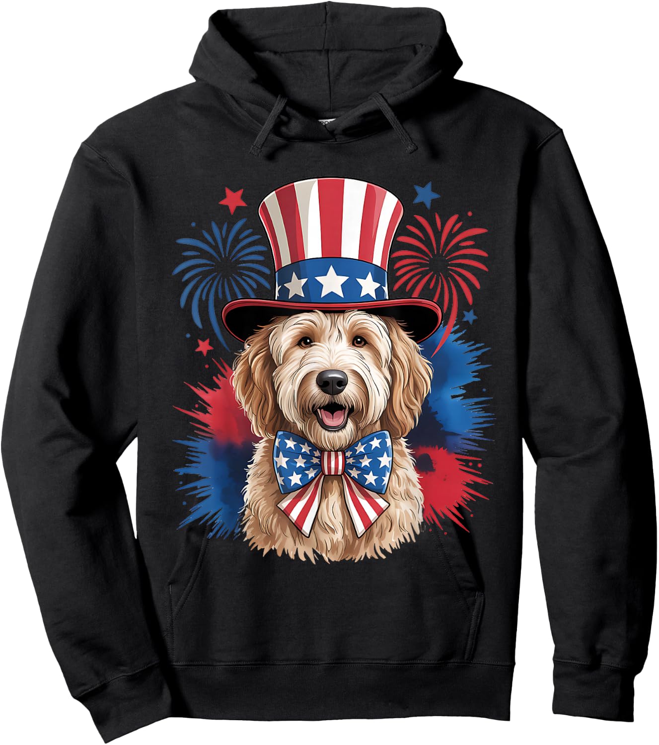 Cute Goldendoodle Dog 4th of July USA Patriotic Hat and Bow Hoodie - Hoodie | Black