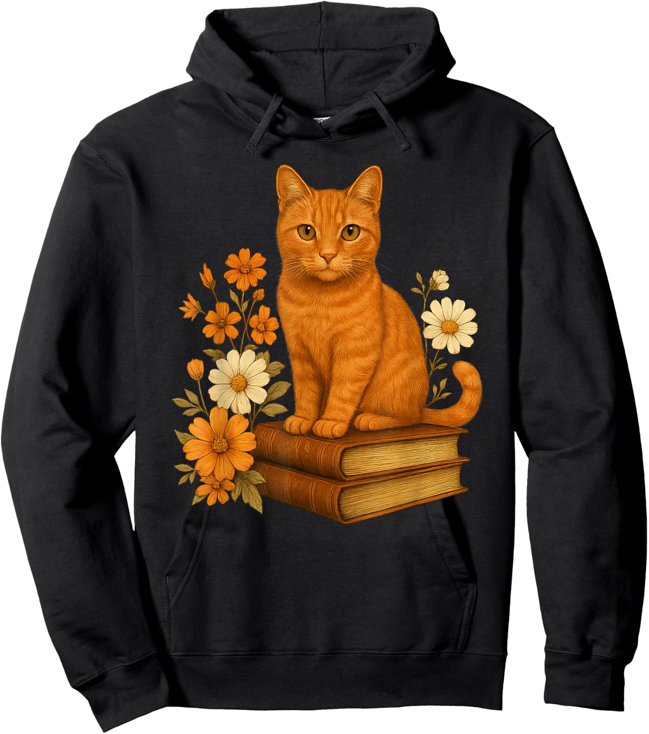 Cute Orange Cat Book Flowers Hoodie - Hoodie | Black