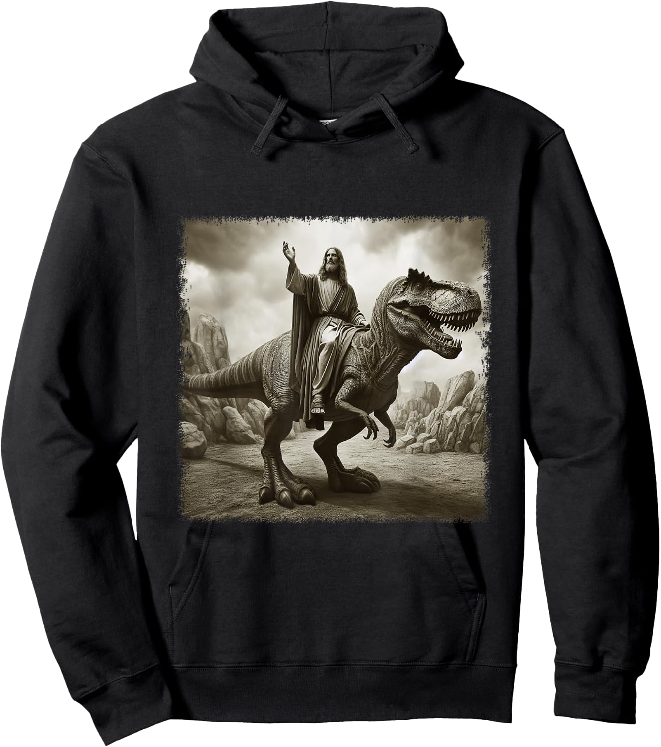 Vintage Jesus Riding T Rex Dinosaur Believers Christian Hoodie - Hoodie | Black