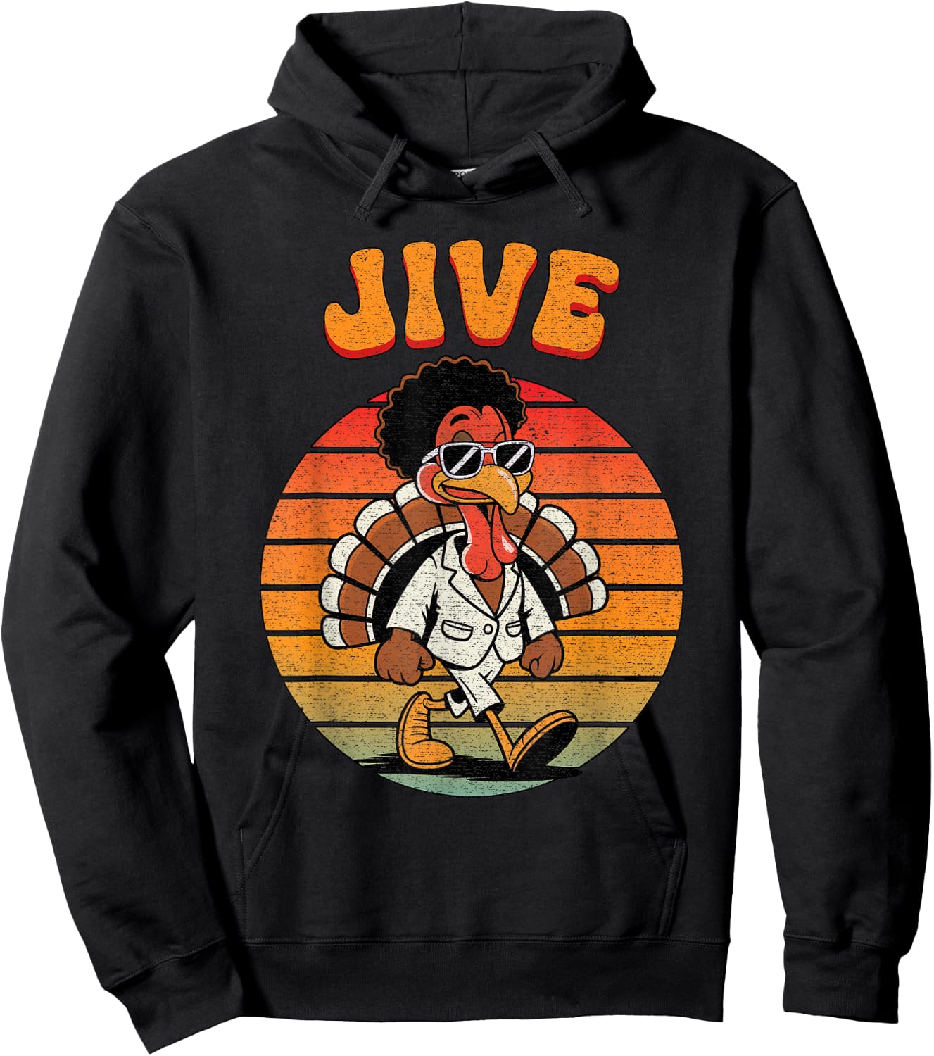 Jive Turkey Funny Thanksgiving Cool Retro 70s Afro Turkey Hoodie - Hoodie | Black