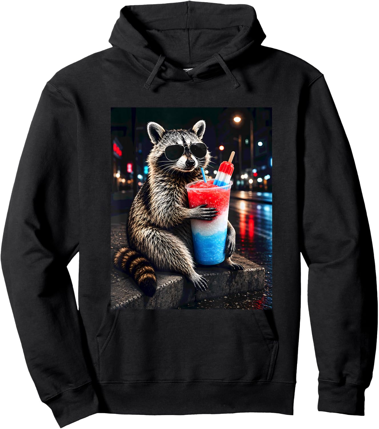 4th of July Raccoon Drinking Iced Cocktail Funny Animal Meme Hoodie - Hoodie | Black