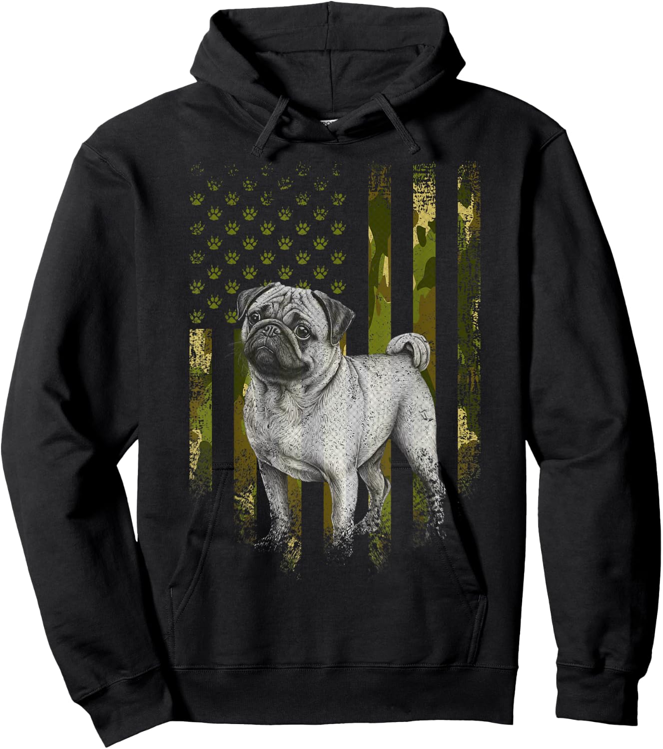 Vintage Camouflage USA Camo Flag Pug Dog 4th Of July Hoodie - Hoodie | Black