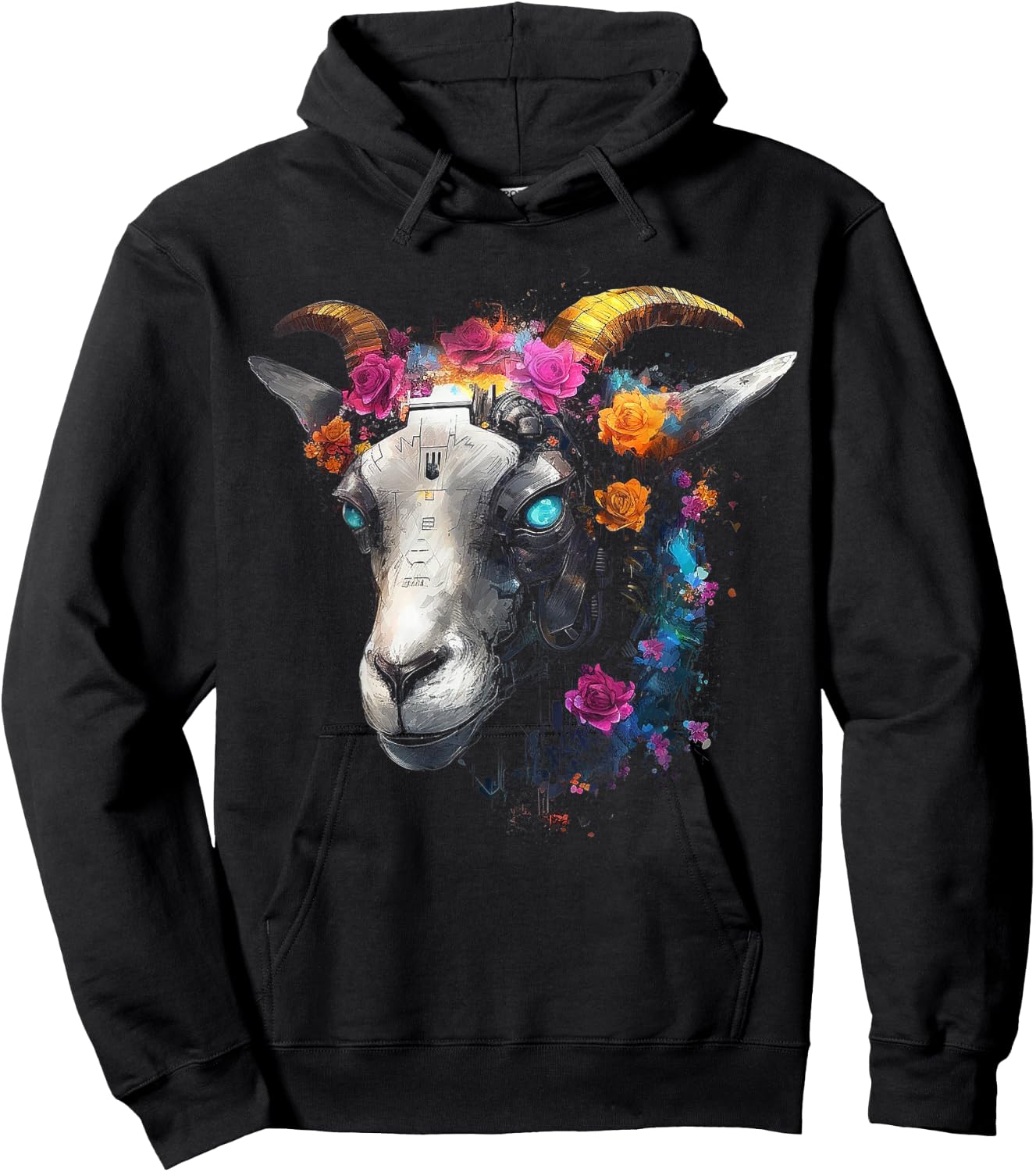 Goat Fantasy Blue Eyes - Artwork | Animal Motif Goat Hoodie - Hoodie | Black