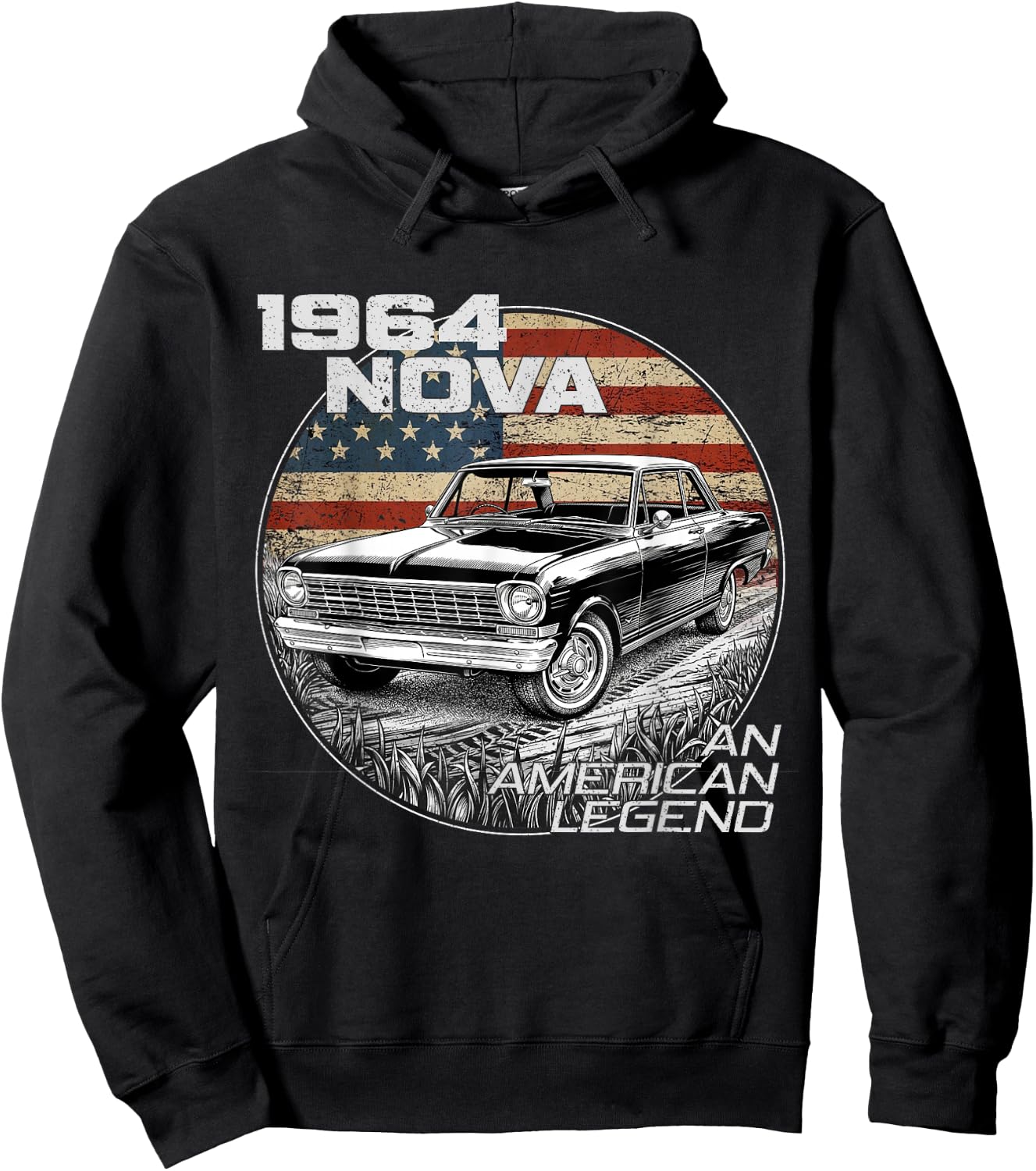 1964 64 Nova Silhouette Muscle Car American Flag Hoodie - Hoodie | Black