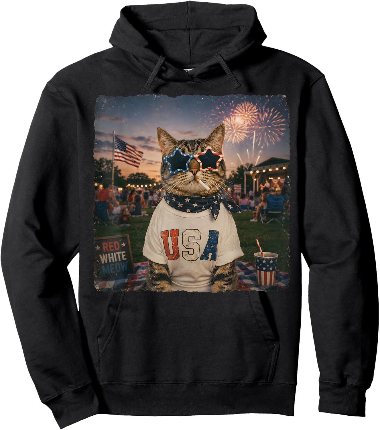 Funny American Cat Smoking Sunglasses Meme Funny 4th of July Hoodie - Hoodie | Black
