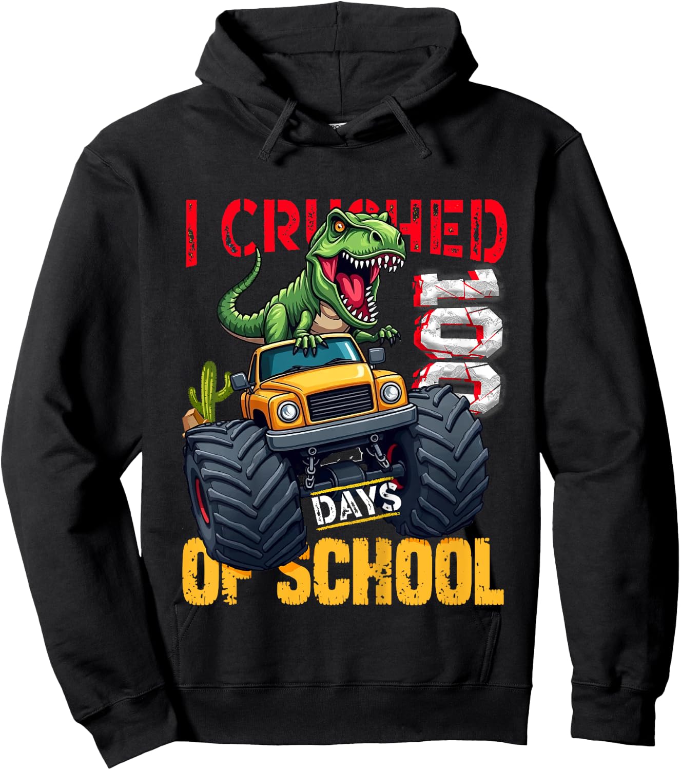 Kids I Crushed 100 Days of School Boy Dinosaur Monster Truck Hoodie - Hoodie | Black