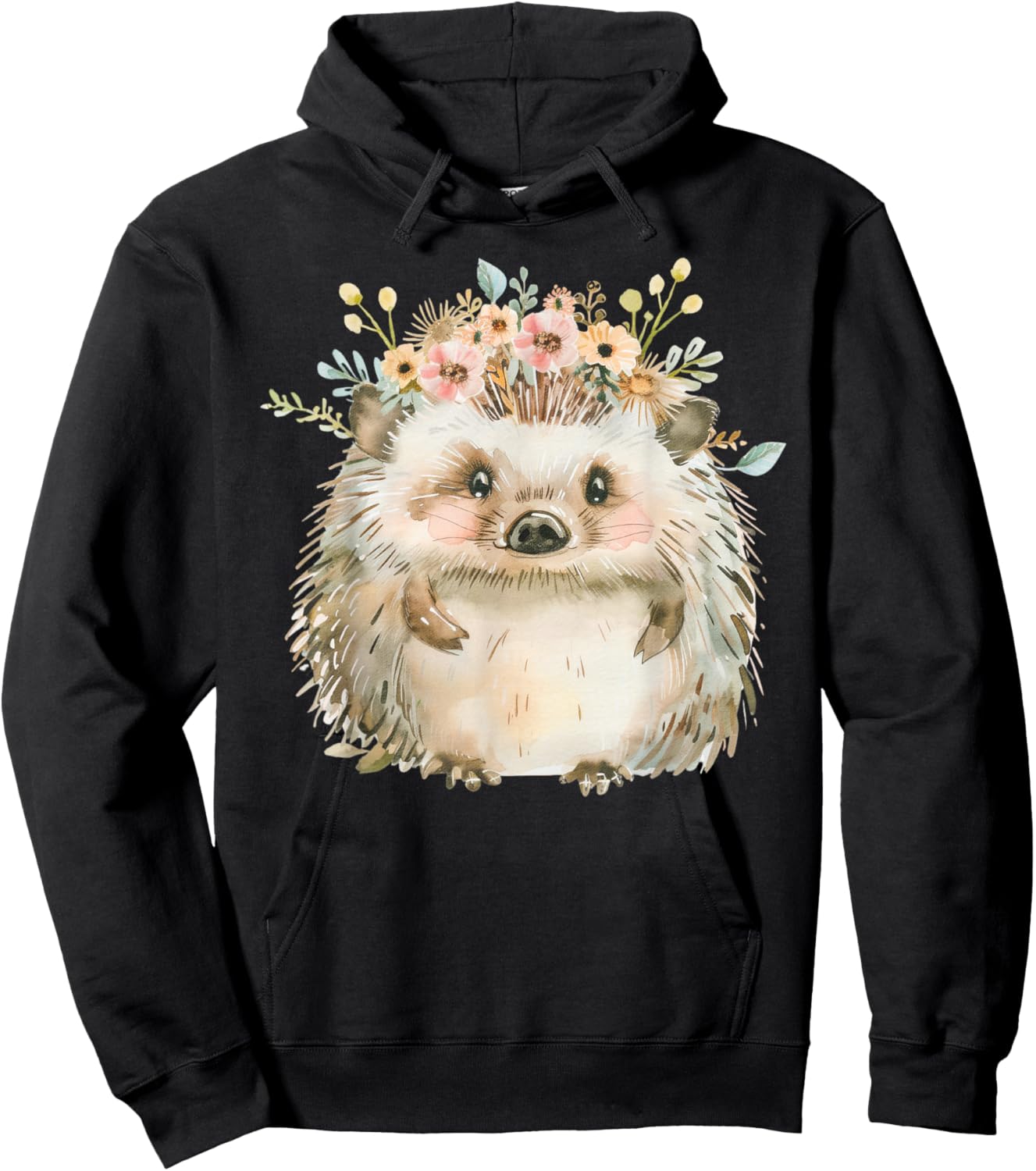 Hedgehog Boho Forest Animal Flower Flowers Vintage , black Hoodie - Hoodie | Black