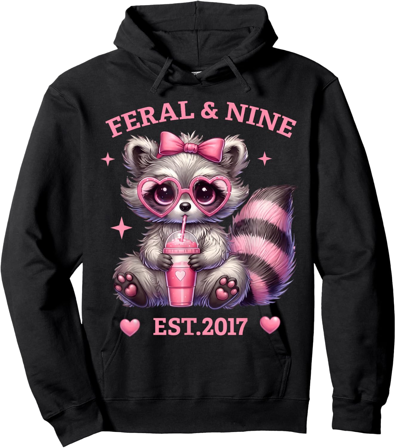 Feral and Nine Est 2017 Pink Bow Cute Raccoon 9th Birthday Hoodie - Hoodie | Black