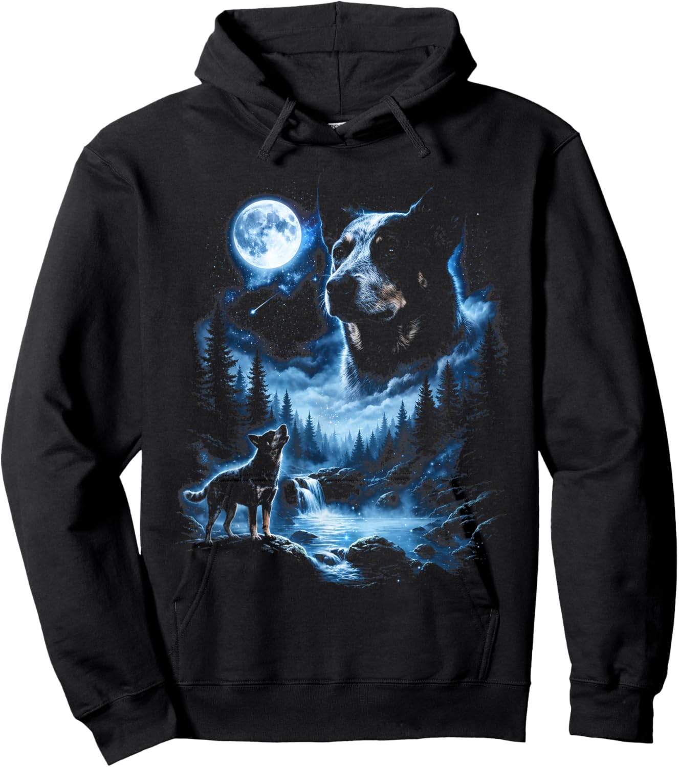 Blue Heeler Howling to the Moon Meme Animal Graphic Hoodie - Hoodie | Black
