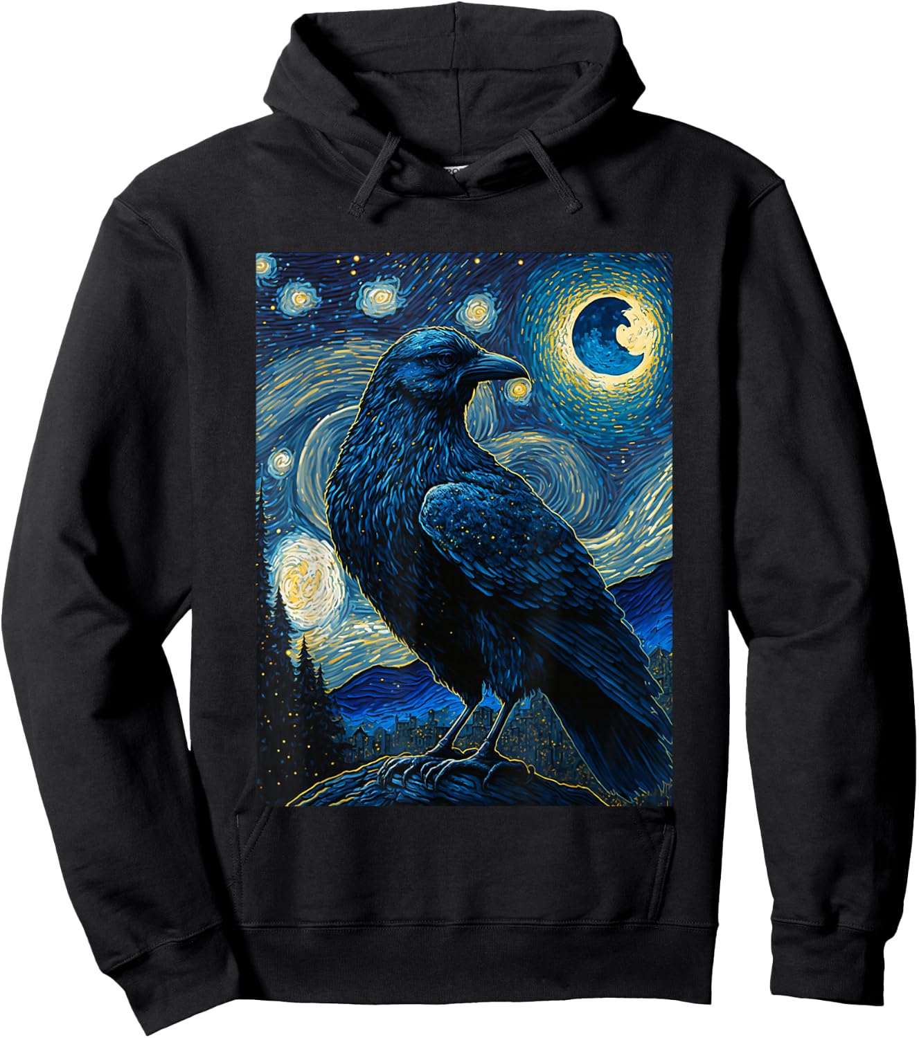 Raven Starry Night Style Painting, Van Gogh Crow Lover Hoodie - Hoodie | Black