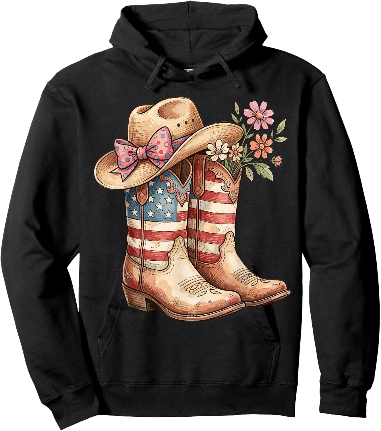 Cowboy Boots Cowgirl American Flag Hat Western 4th of July Hoodie - Hoodie | Black